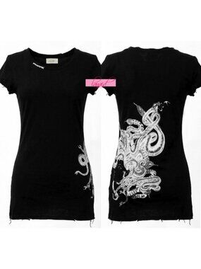 Lauren Moshi Medusa Tee Black Distressed Snakes Fitted Gothic Edgy Tunic Top S